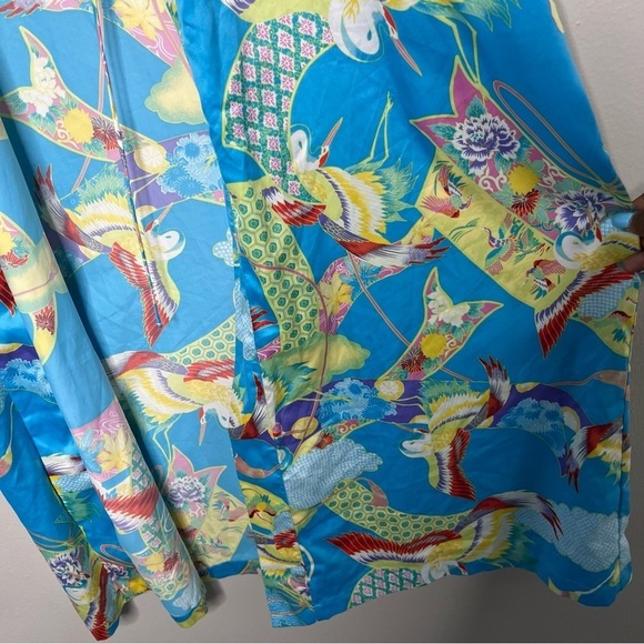 Natori Women Kimono Robe Medium‎ Satin Longline Duster Floral Crane Blue Yellow - Picture 5 of 9